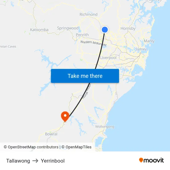 Tallawong to Yerrinbool map
