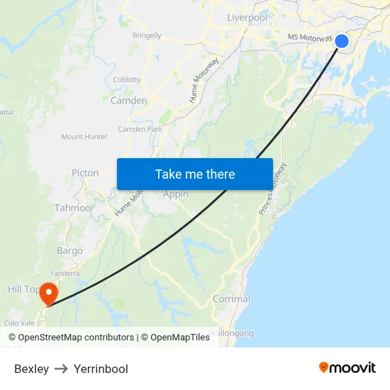 Bexley to Yerrinbool map