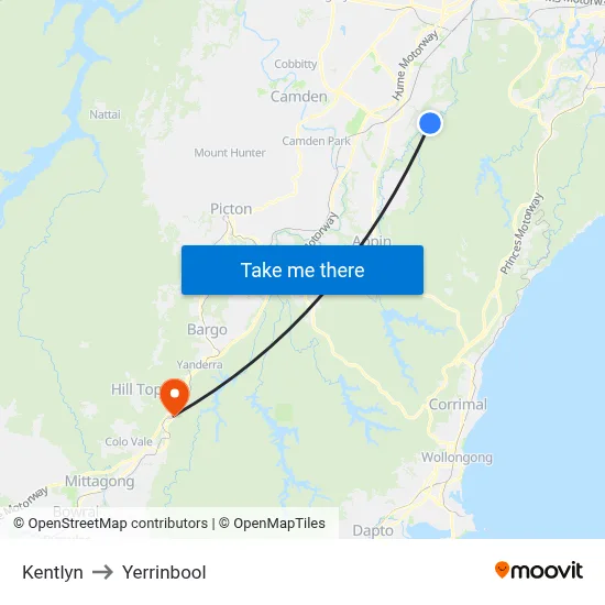 Kentlyn to Yerrinbool map