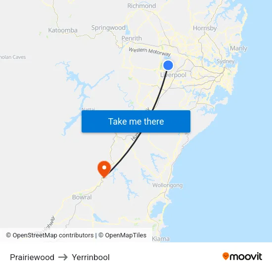Prairiewood to Yerrinbool map