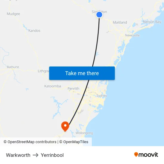 Warkworth to Yerrinbool map