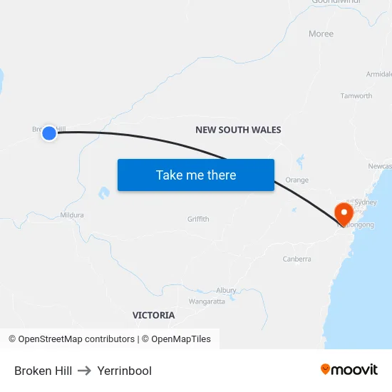 Broken Hill to Yerrinbool map