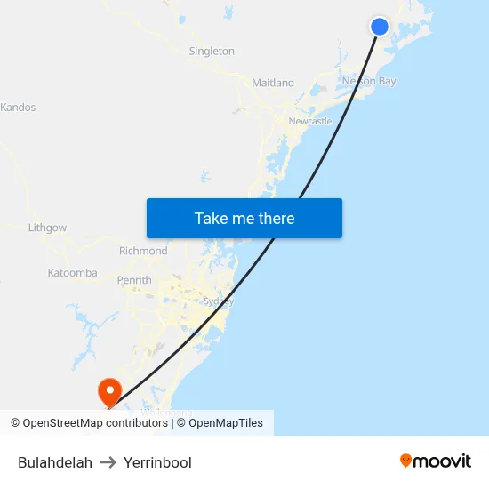 Bulahdelah to Yerrinbool map