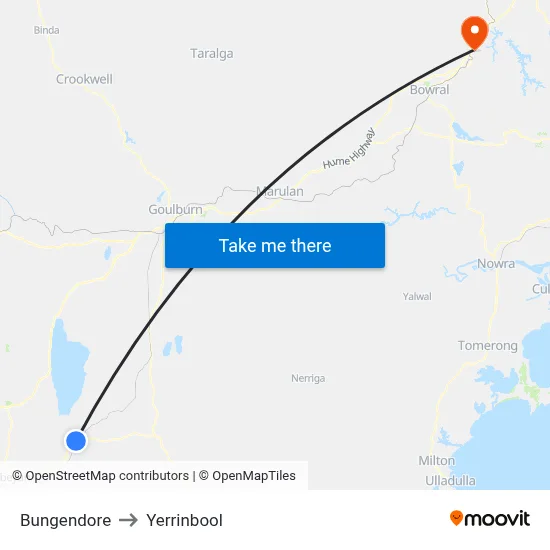 Bungendore to Yerrinbool map