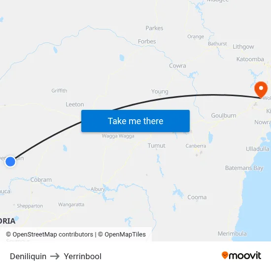 Deniliquin to Yerrinbool map