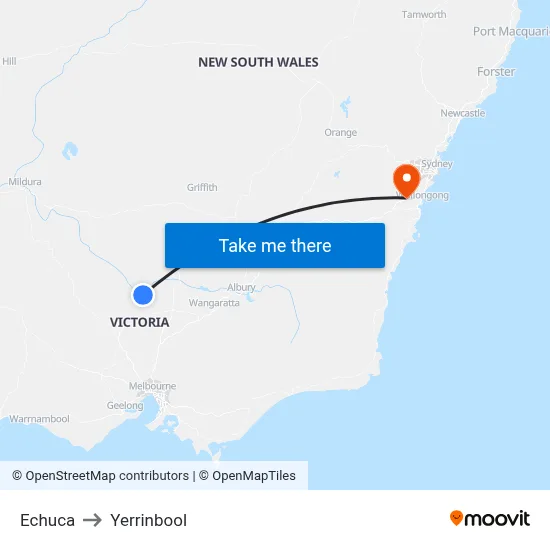 Echuca to Yerrinbool map