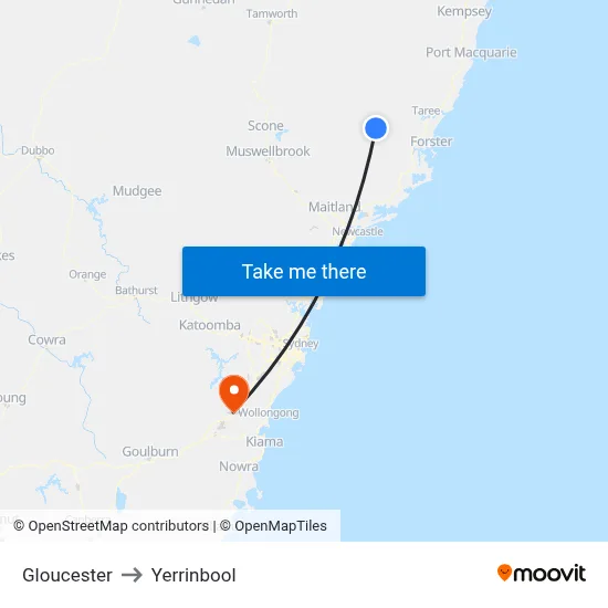 Gloucester to Yerrinbool map