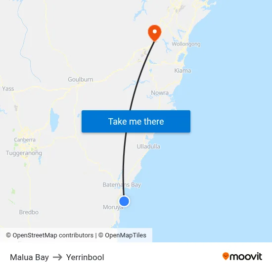 Malua Bay to Yerrinbool map