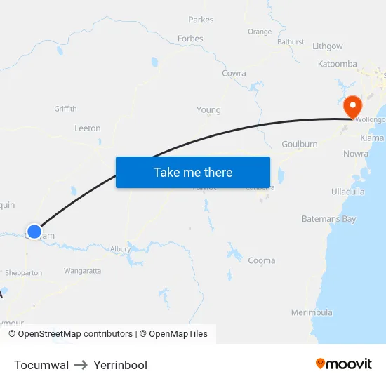 Tocumwal to Yerrinbool map