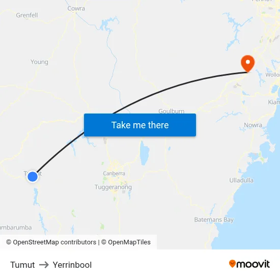 Tumut to Yerrinbool map