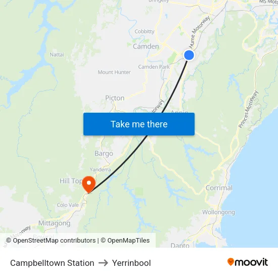 Campbelltown Station to Yerrinbool map