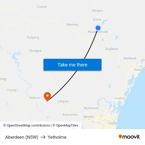 Aberdeen (NSW) to Yetholme map