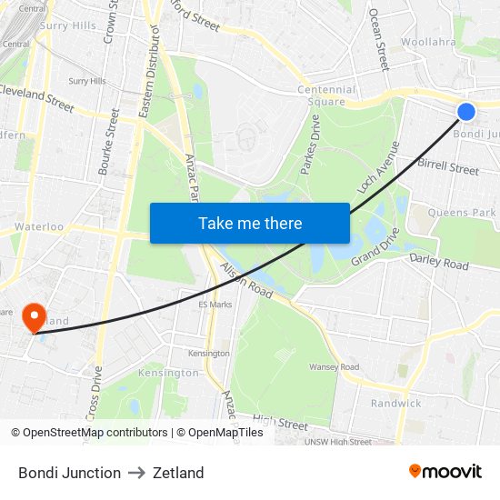 Bondi Junction to Zetland map