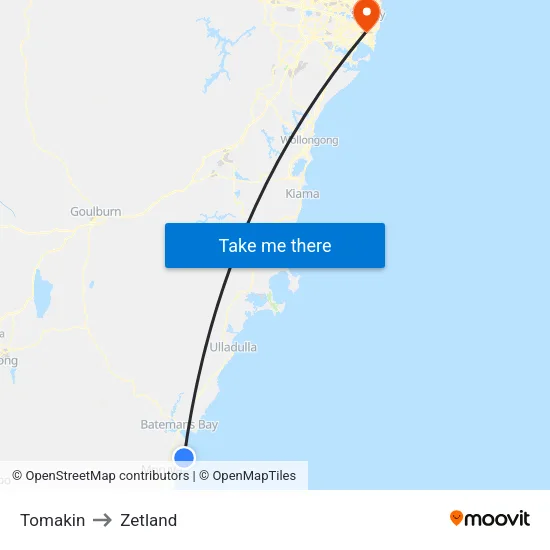 Tomakin to Zetland map