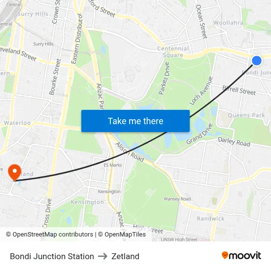 Bondi Junction Station to Zetland map