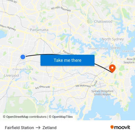 Fairfield Station to Zetland map