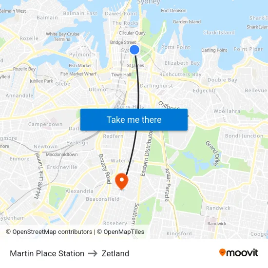 Martin Place Station to Zetland map
