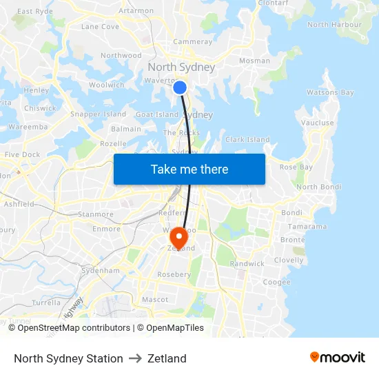 North Sydney Station to Zetland map