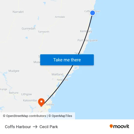 Coffs Harbour to Cecil Park map
