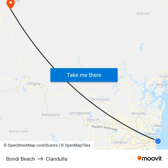 Bondi Beach to Clandulla map