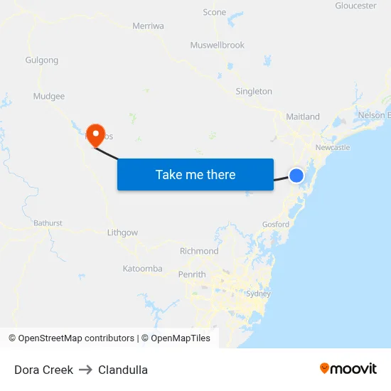 Dora Creek to Clandulla map