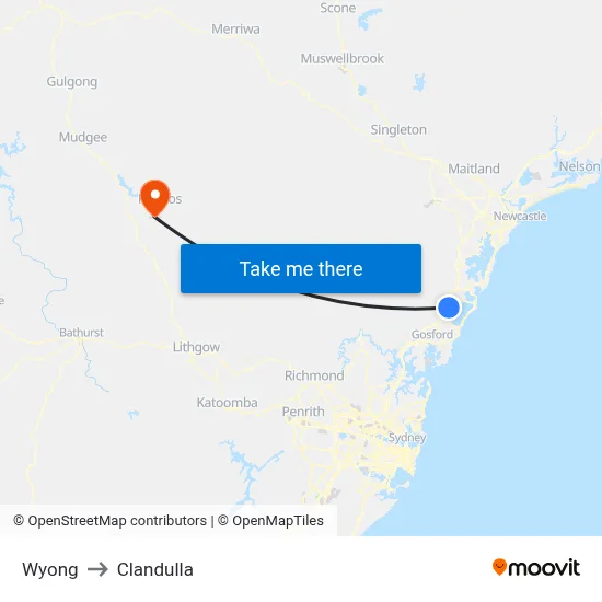 Wyong to Clandulla map