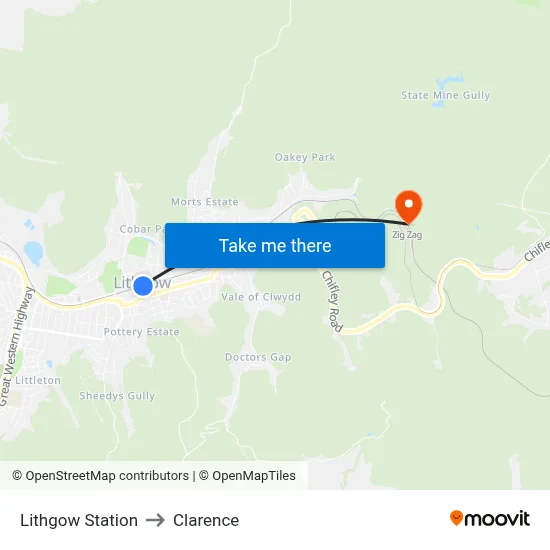 Lithgow Station to Clarence map