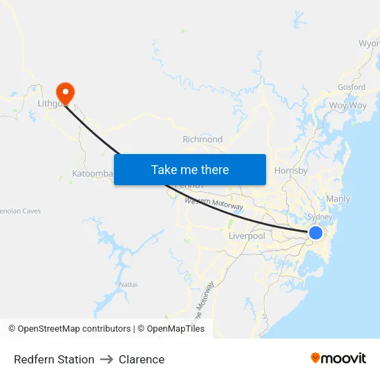 Redfern Station to Clarence map