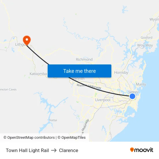 Town Hall Light Rail to Clarence map