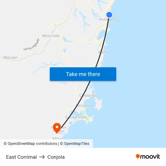 East Corrimal to Conjola map