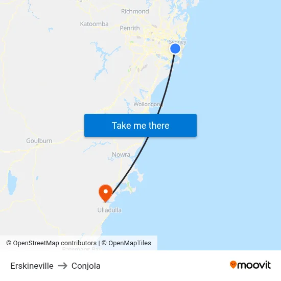 Erskineville to Conjola map