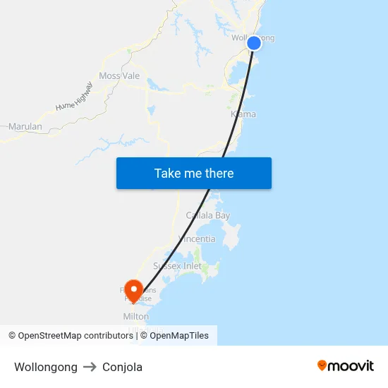 Wollongong to Conjola map
