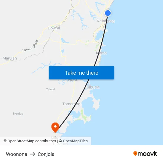 Woonona to Conjola map