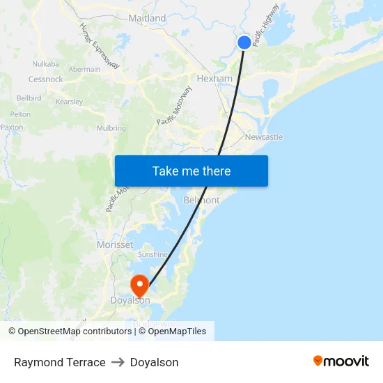 Raymond Terrace to Doyalson map