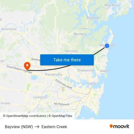 Bayview (NSW) to Eastern Creek map