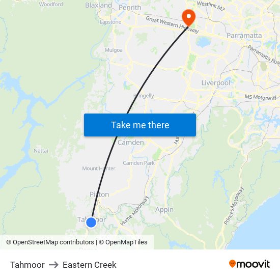 Tahmoor to Eastern Creek map