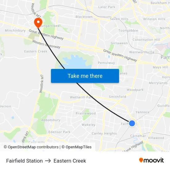Fairfield Station to Eastern Creek map