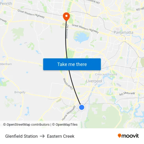Glenfield Station to Eastern Creek map