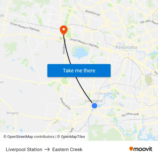 Liverpool Station to Eastern Creek map