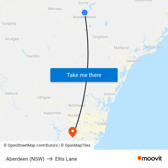 Aberdeen (NSW) to Ellis Lane map
