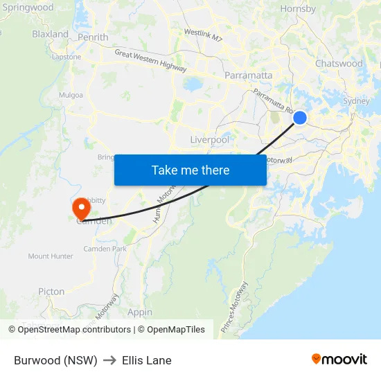 Burwood (NSW) to Ellis Lane map