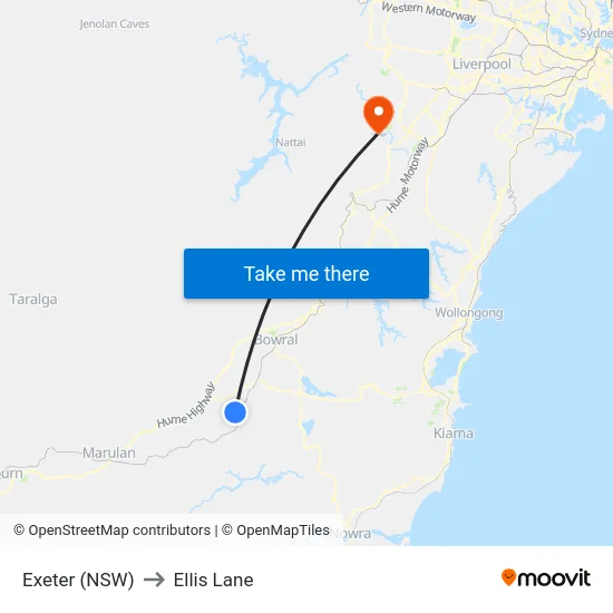 Exeter (NSW) to Ellis Lane map