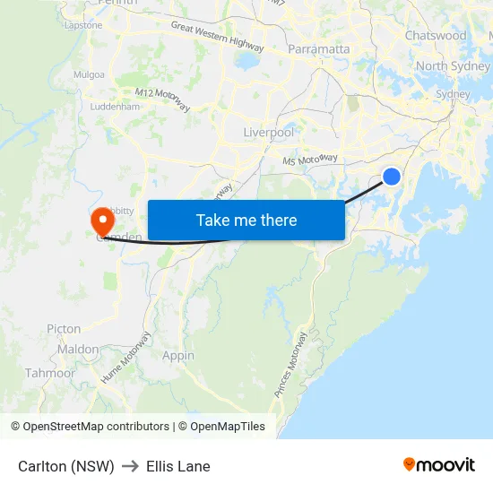 Carlton (NSW) to Ellis Lane map