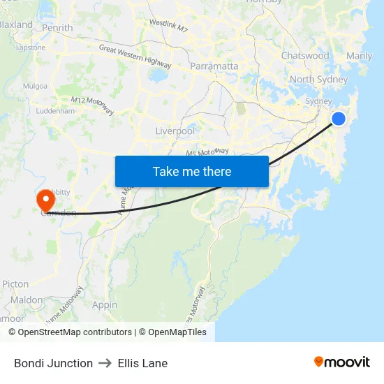 Bondi Junction to Ellis Lane map