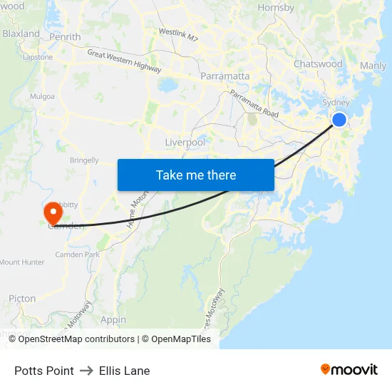 Potts Point to Ellis Lane map