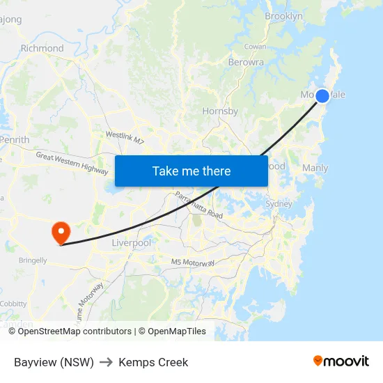 Bayview (NSW) to Kemps Creek map