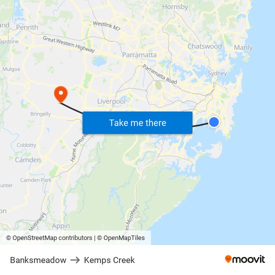 Banksmeadow to Kemps Creek map