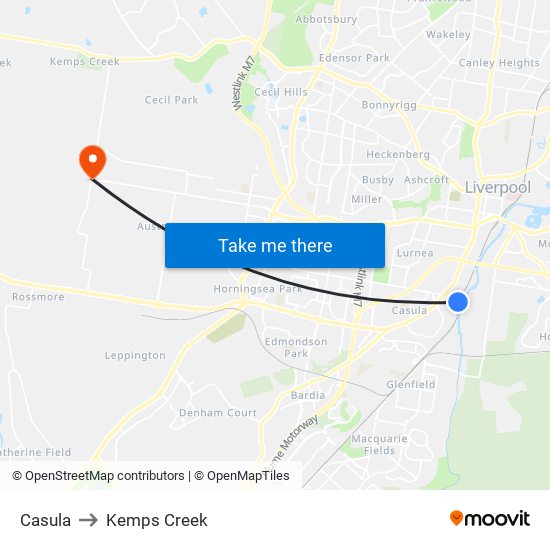 Casula to Kemps Creek map