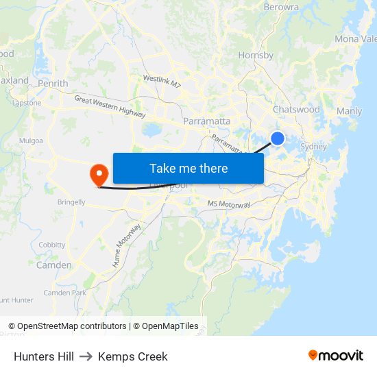 Hunters Hill to Kemps Creek map