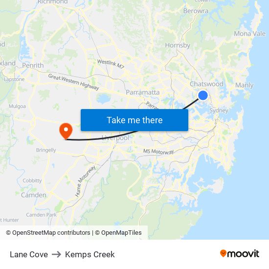 Lane Cove to Kemps Creek map